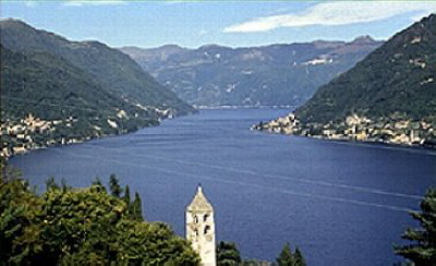 View of lake with church